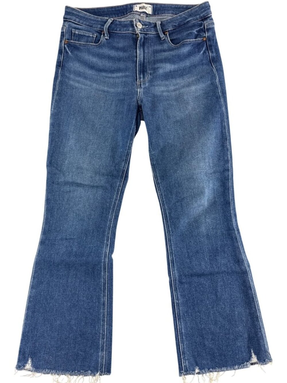 PAIGE Colette Crop Flare Jeans Size 30 Blue Denim Raw Frayed Hem High Rise